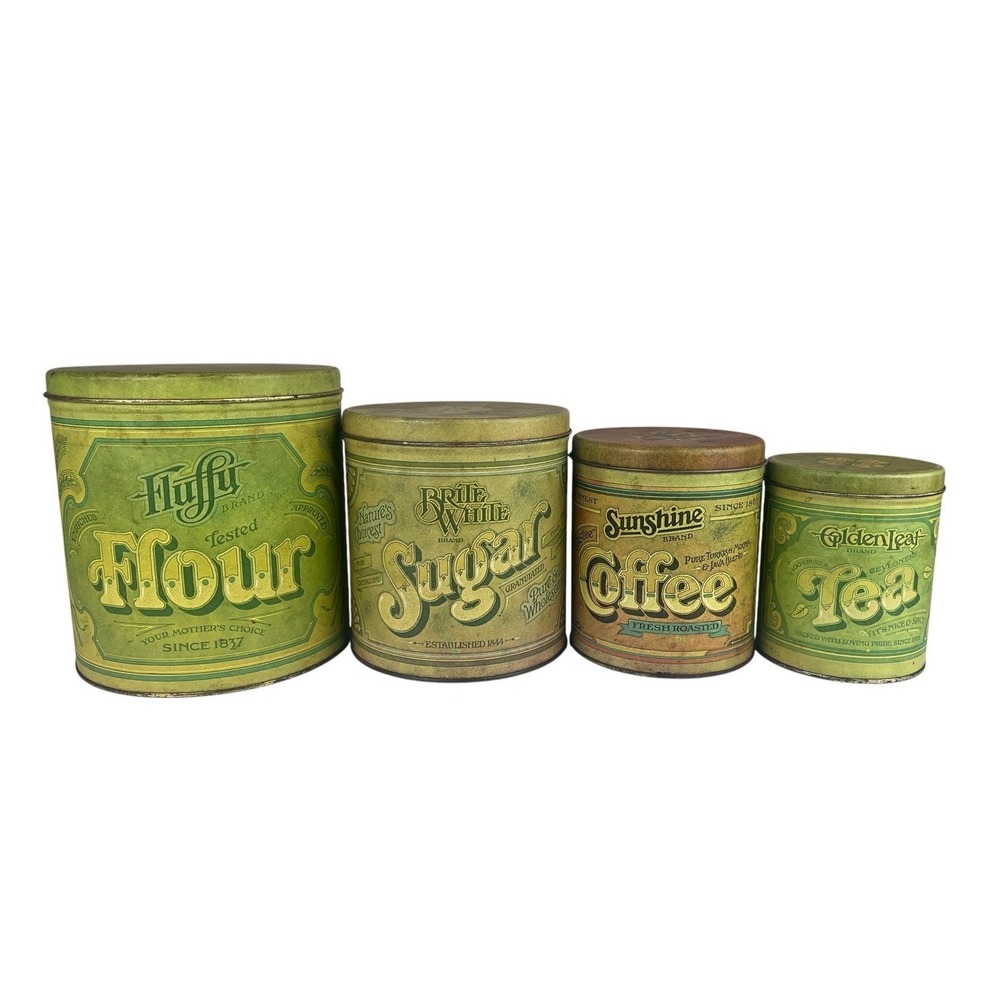 Vintage Balonoff Canister Tin Set Green 1970s Rustic Flour Sugar Coffee Tea
